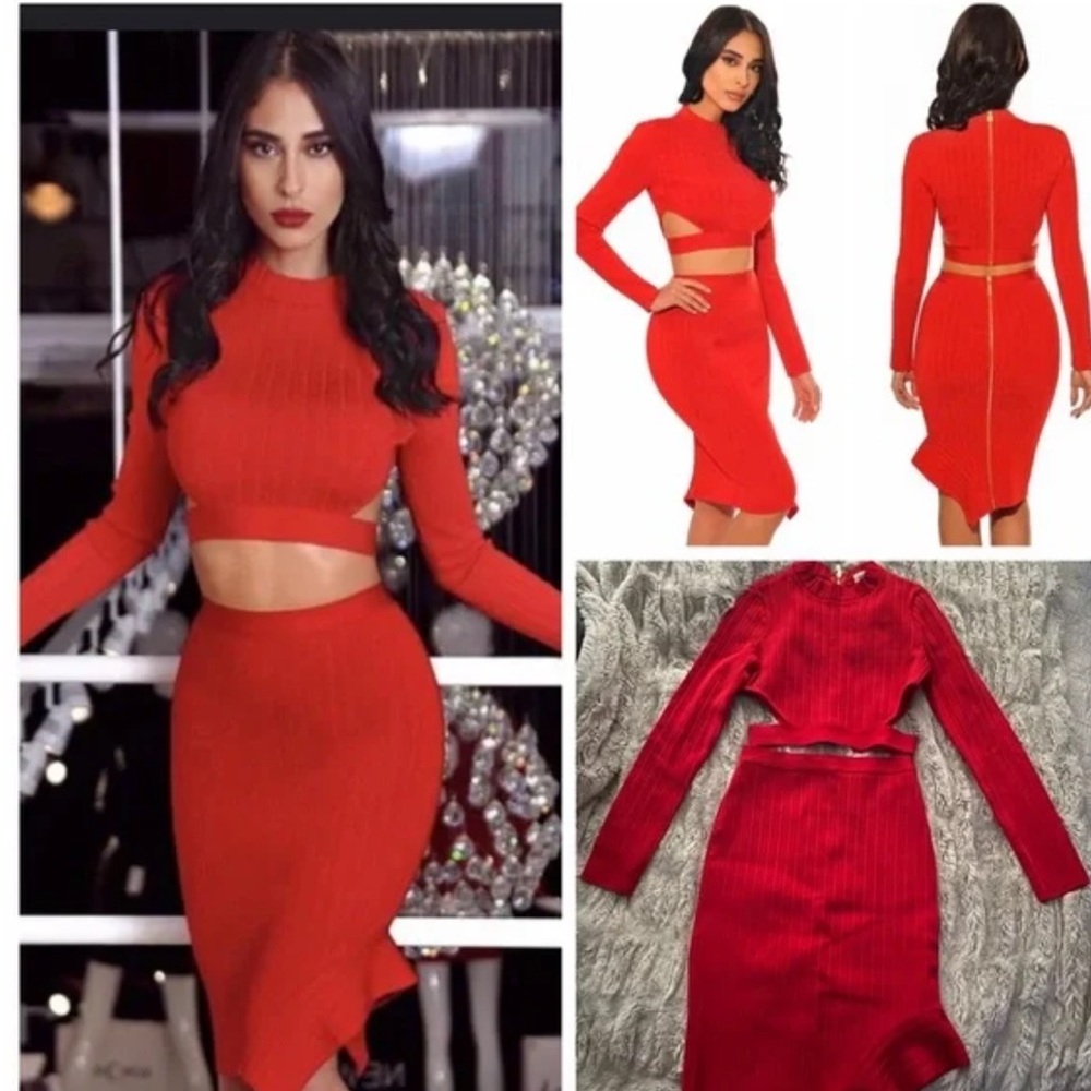 Red bandage Two-Piece Skirt Set